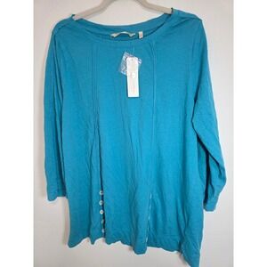 Soft Surroundings Teal Blue Cotton Blend Button Detail Tunic Top Size 1X
